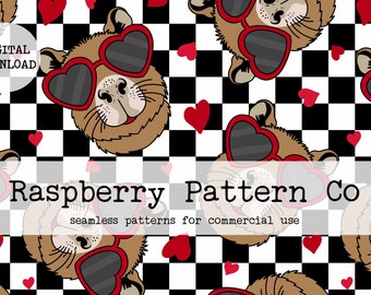 May include: A seamless pattern featuring cartoon brown bears wearing heart-shaped sunglasses on a black and white chequered background with red hearts scattered throughout. The pattern is perfect for Valentine's Day or any occasion.