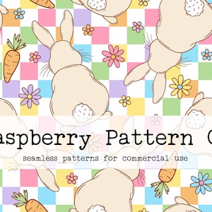 May include: A seamless pattern featuring cartoon bunnies, carrots, and flowers on a checkered background. The colours are pink, blue, yellow, green, and white. The text "Raspberry Pattern Co. seamless patterns for commercial use" is at the bottom of the image.