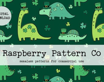 May include: A seamless pattern featuring green dinosaurs wearing green hats with gold buckles. The dinosaurs are surrounded by green shamrocks on a dark green background. The text "Raspberry Pattern Co. seamless patterns for commercial use" is at the bottom of the image.