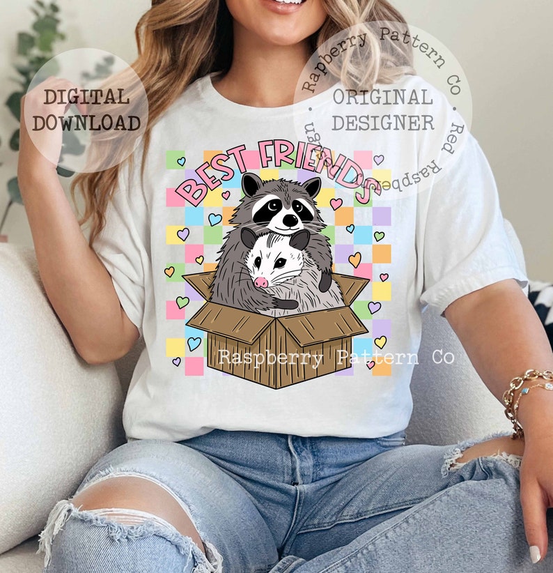 May include: A white t-shirt with a graphic of a raccoon and a possum in a box with the text "Best Friends" and a rainbow checkered background. The text "Raspberry Pattern Co." is also on the shirt.