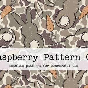 May include: A digital download pattern featuring a repeating design of bunnies and carrots in shades of brown, tan, and orange. The pattern has a distressed, vintage look. The text "Raspberry Pattern Co" and "seamless patterns for commercial use" is displayed.