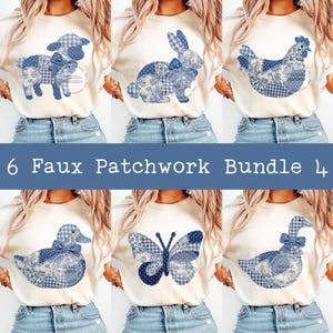 Może przedstawiać: Sześć kremowych koszulek, każda z unikalnym niebieskim wzorem zwierzęcym patchwork: jagnię, królik, kurczak, kaczka, motyl i gęś. Tekst "6 Faux Patchwork Bundle 4" jest wyświetlany na niebiesko.