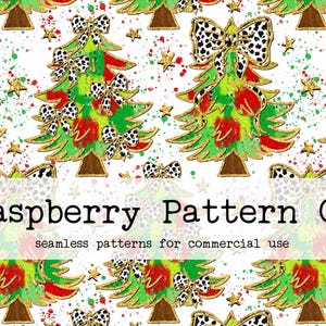 May include: Seamless pattern featuring green, red, and gold Christmas trees with black and white polka dot bows on a white background with gold stars and splattered paint.