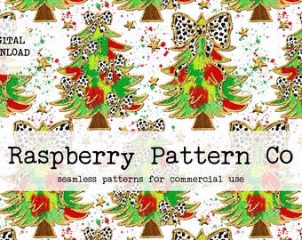May include: Seamless pattern featuring green, red, and gold Christmas trees with black and white polka dot bows on a white background with gold stars and splattered paint.