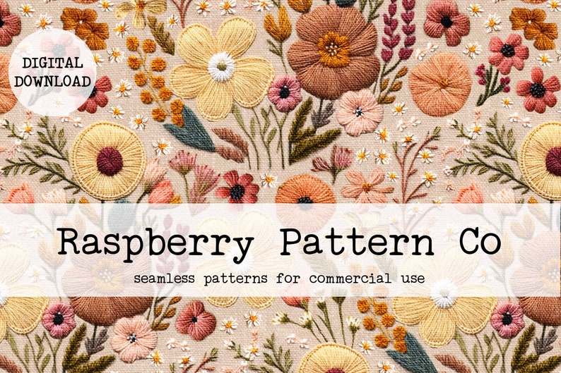 Embroidery Seamless File, Spring Floral Embroidery seamless, Cottagecore boho seamless,Wildflower embroidery seamless pattern,daisy seamless image 1