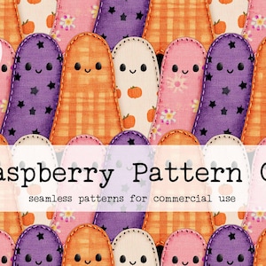 May include: A digital download featuring a repeating pattern of smiling ghost-like figures in various colors, including orange, purple, pink, and cream. The design includes stars, flowers, and pumpkin accents. The text "Raspberry Pattern Co" is displayed.