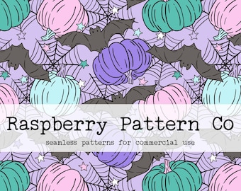 Pumpkins and Bats Halloween Seamless Pattern File, Pastel Halloween seamless, bat skull pumpkin seamless, Creepy Cute Halloween seamless,