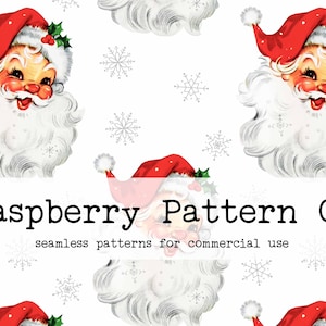 May include: A seamless pattern featuring a vintage illustration of Father Christmas with a red hat and white beard. The background is white with snowflakes.