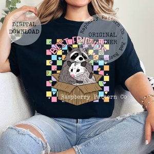 May include: A black t-shirt with a graphic of a raccoon and opossum hugging inside a box. The box is on a checkered background with pink, blue, yellow, and green hearts. The text "BEST FRIENDS" is above the box and "Raspberry Pattern Co." is below the box.