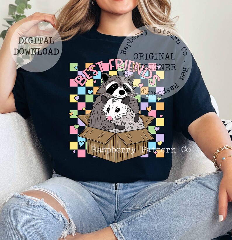 May include: A black t-shirt with a graphic of a raccoon and opossum hugging inside a box. The box is on a checkered background with pink, blue, yellow, and green hearts. The text "BEST FRIENDS" is above the box and "Raspberry Pattern Co." is below the box.