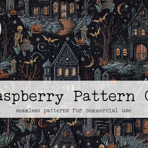 May include: A digitally downloaded seamless pattern featuring a spooky Halloween theme. The design includes haunted houses, pumpkins, bats, skeletons, and moons against a dark background. The text "Raspberry Pattern Co" and "seamless patterns for commercial use" are displayed.