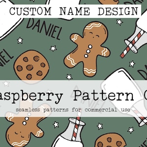 Milk and Cookies Christmas Seamless Pattern + Custom Name for Commercial Use, Christmas seamless repeat pattern, Custom Name seamless file,