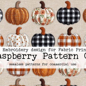 Puede incluir: Una colección de diseños de calabazas con varios patrones, incluyendo cuadros, florales y naranja texturizado. Las calabazas tienen tallos marrones y están dispuestas sobre un fondo neutro. La imagen incluye el texto "DESCARGA DIGITAL" y "Raspberry Pattern Co."