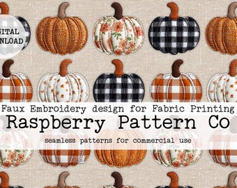 May include: A collection of pumpkin designs with various patterns, including gingham, floral, and textured orange. The pumpkins have brown stems and are arranged on a neutral background. The image includes the text "DIGITAL DOWNLOAD" and "Raspberry Pattern Co."