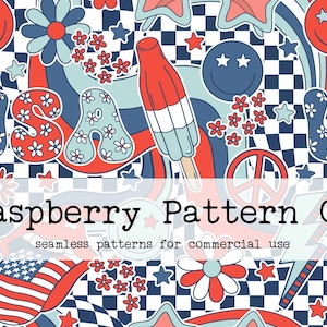 Puede incluir: Un patrón sin costuras con un esquema de color rojo, blanco y azul con estrellas, flores, signos de paz y la palabra "USA" en un estilo retro. El patrón se coloca sobre un fondo a cuadros.