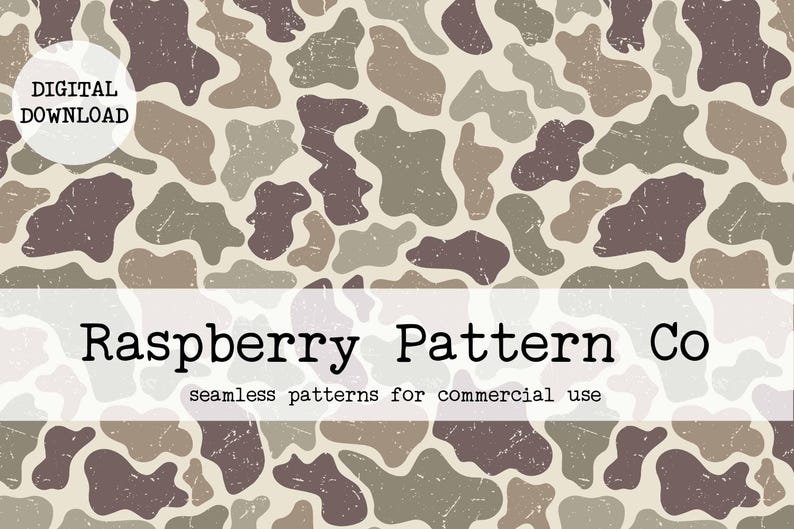May include: Digital download of a seamless pattern featuring abstract shapes in shades of brown, tan, and green with a distressed texture. The text "Raspberry Pattern Co" and "seamless patterns for commercial use" are displayed.