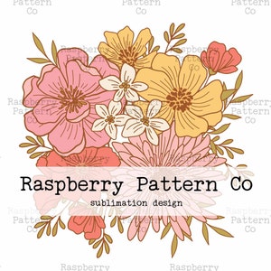 May include: A digital download of a floral design featuring pink, yellow, and orange flowers with green leaves. The design is labeled "Raspberry Pattern Co. sublimation design".