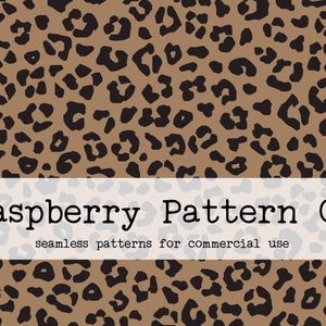 Könnte beinhalten: Ein nahtloses Muster mit braunem Hintergrund und schwarzen Leopardenflecken. Das Muster trägt den Titel "Raspberry Pattern Co. seamless patterns for commercial use".