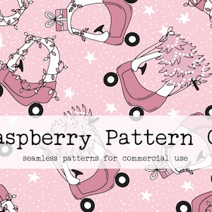 May include: A seamless pattern featuring pink Christmas trees with white lights and garlands, riding in pink cars with black wheels on a pink background with white stars. The text "Raspberry Pattern Co. seamless patterns for commercial use" is at the bottom of the image.