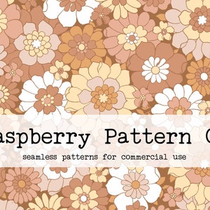 May include: A seamless pattern featuring a repeating design of various sized flowers in shades of peach, cream, and brown. The pattern is set against a brown background. The text "Raspberry Pattern Co. seamless patterns for commercial use" is displayed at the bottom of the image.