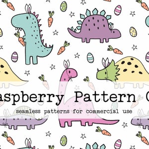 May include: A seamless pattern featuring pastel colored dinosaurs with bunny ears, carrots, and Easter eggs. The text "Raspberry Pattern Co. seamless patterns for commercial use" is at the bottom of the image.