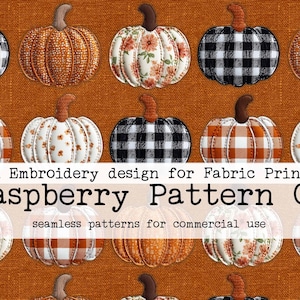 May include: A collection of decorative pumpkin designs in various patterns, including gingham, floral, and solid textures. The pumpkins have brown stems and are arranged on an orange background. Text reads "Faux Embroidery design for Fabric Printing Raspberry Pattern Co".