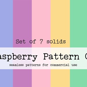 May include: A set of seven solid color swatches in pink, lavender, purple, light pink, yellow, light green, and light blue. The text "Set of 7 solids" is at the top of the image. The text "Raspberry Pattern Co" is in the middle of the image. The text "seamless patterns for commercial use" is at the bottom of the image.