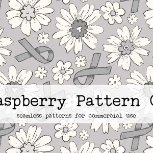 Cancer Grey Ribbon Floral Seamless Pattern Boho Neutral for Commercial Use, Brain Cancer seamless, cancer awareness fabric seamless pattern