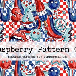 May include: A seamless pattern design featuring red, white, and blue elements. The design includes the word "USA", lightning bolts, peace signs, stars, and a smiling face. The text "Raspberry Pattern Co" is also present.
