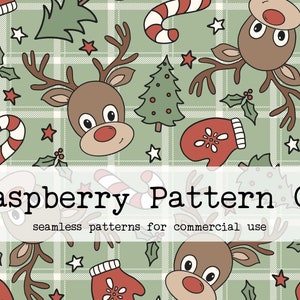 May include: A seamless pattern featuring a green and white plaid background with various Christmas-themed illustrations, including reindeer, candy canes, mittens, holly, and stars. The text "Raspberry Pattern Co. seamless patterns for commercial use" is displayed at the bottom of the image.