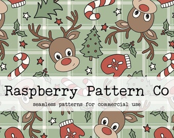 Christmas Reindeer Gender Neutral Boho Plaid Seamless Pattern for Commercial Use, Christmas seamless repeat pattern, Santa seamless file