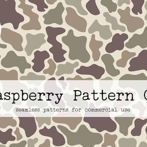 May include: Digital download of a seamless pattern featuring organic shapes in shades of brown, tan, and olive green. The text "Raspberry Pattern Co" and "seamless patterns for commercial use" are displayed.