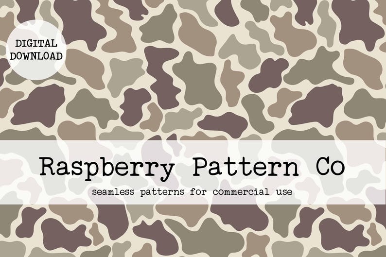 May include: Digital download of a seamless pattern featuring organic shapes in shades of brown, tan, and olive green. The text "Raspberry Pattern Co" and "seamless patterns for commercial use" are displayed.