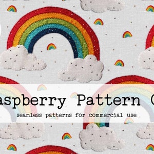 May include: A seamless pattern featuring colorful rainbows and clouds on a white background. The pattern is perfect for fabric, wallpaper, or other creative projects.