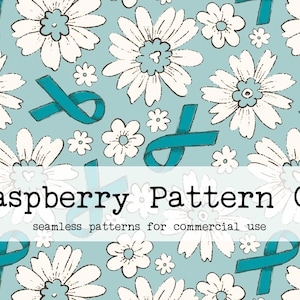 Cancer Teal Ribbon Floral Seamless Pattern Boho Neutral for Commercial Use, Ovarian Cancer seamless, cancer awareness seamless pattern