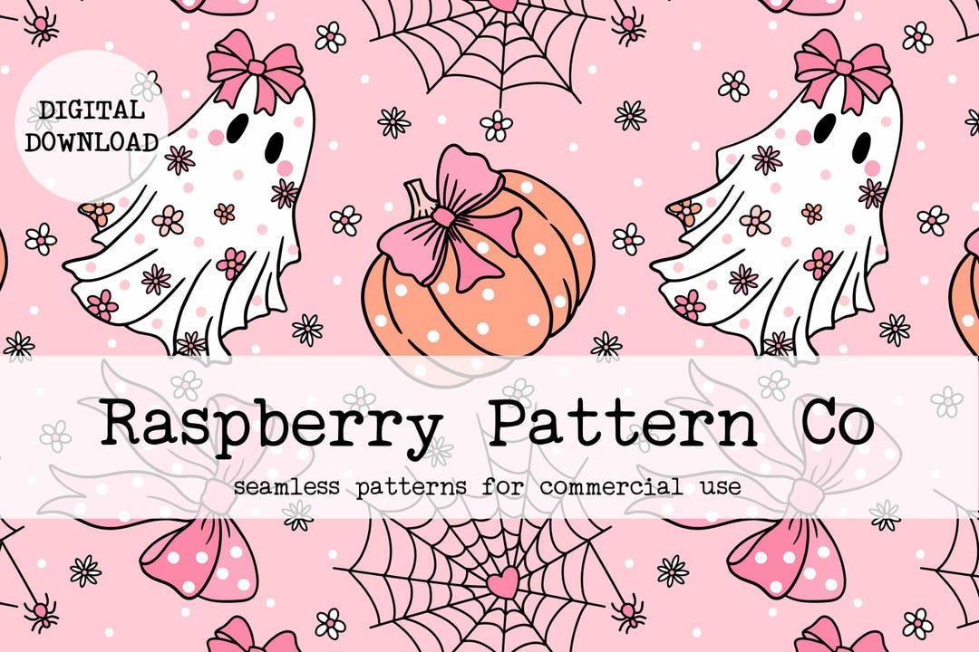 Coquette Halloween Seamless File, Cute Ghosts Pumpkins Spiderweb and ...