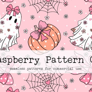 May include: A seamless pattern featuring pink and white ghosts, pumpkins, spiderwebs, and bows on a pink background. The text "Raspberry Pattern Co" and "seamless patterns for commercial use" is also included.