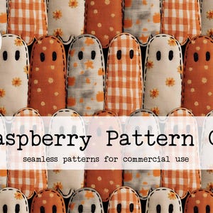 May include: A repeating pattern of ghost-shaped figures in orange, white, and tan fabrics. Some ghosts have floral or plaid patterns. The text "Raspberry Pattern Co" and "seamless patterns for commercial use" is overlaid on the image. A "DIGITAL DOWNLOAD" label is in the upper left.