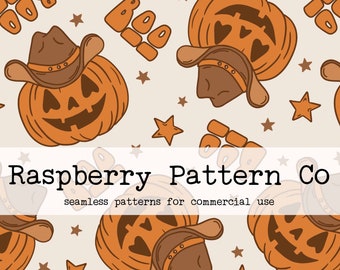 Howdy Pumpkin Jack O Lantern Seamless Pattern for Commercial Use, halloween western cowboy pumpkin seamless, spooky cute halloween seamless