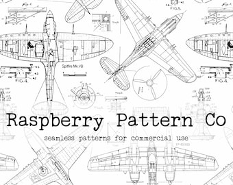 以下が含まれることがあります： ビンテージ飛行機の白黒線画イラスト。画像には「Raspberry Pattern Co. seamless patterns for commercial use」というテキストが含まれています。