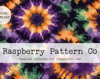 Può includere: Motivo senza cuciture con un design tie-dye in tonalità di viola, arancione, verde e nero. Il motivo è perfetto per creare progetti unici ed eleganti.