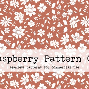 Può includere: Un motivo senza cuciture con fiori e foglie bianche su uno sfondo terracotta. Il testo "Raspberry Pattern Co. seamless patterns for commercial use" è visualizzato su uno stendardo rosa.