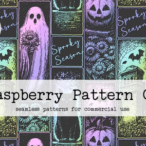 May include: A digital download featuring a seamless Halloween pattern. The design includes ghosts, pumpkins, bats, and flowers in a variety of colours. The text "Spooky Season" and "Raspberry Pattern Co" are also visible.