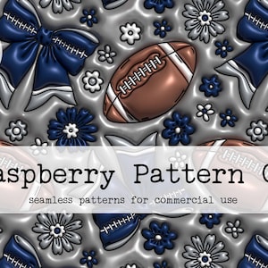 May include: A seamless pattern featuring a silver background with blue and white flowers, navy blue bows, and brown footballs. The text "Raspberry Pattern Co. seamless patterns for commercial use" is at the bottom of the image.