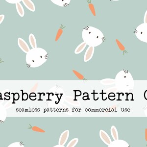 May include: A seamless pattern featuring white bunny faces and orange carrots scattered on a light teal background. The text "Raspberry Pattern Co" and "seamless patterns for commercial use" are displayed in a white banner.