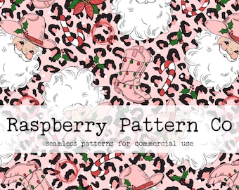 Pink Cowboy Santa Seamless Pattern for Commercial Use, Pink Leopard Santa seamless, Santa seamless file, Western Christmas seamless file