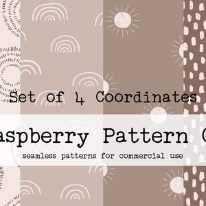 May include: Set of four seamless patterns featuring abstract shapes in brown and white. The patterns include circles, arches, suns, and dots. The text "Set of 4 Coordinates Raspberry Pattern Co. seamless patterns for commercial use" is displayed on a white banner.