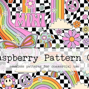 May include: A seamless pattern featuring a psychedelic 1970s theme with rainbows, peace signs, butterflies, flowers, and mushrooms on a black and white chequered background. The text "MINI" is featured in pink.
