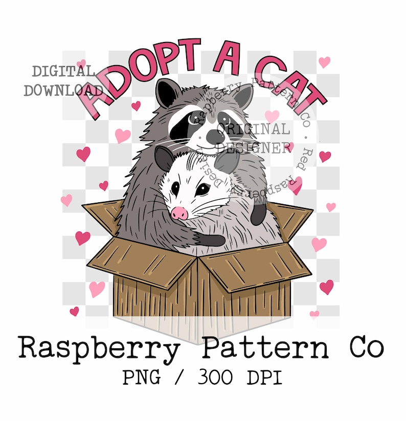 Op de afbeelding: Adopt a Cat afbeelding met een wasbeer en een opossum die elkaar knuffelen in een kartonnen doos. De tekst "Adopt a Cat" staat in roze letters met hartjes rondom de afbeelding. De tekst "Raspberry Pattern Co. PNG / 300 DPI" staat onderaan de afbeelding.