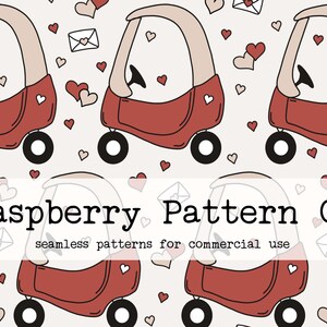 May include: A seamless pattern featuring red toy cars with white interiors and black wheels. The background is light gray with scattered pink and beige hearts and white envelopes with red hearts.